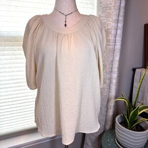 Calvin Klein Textured Puff Shoulder Blouse Top Women's XL Elbow Sleeve Wheat
